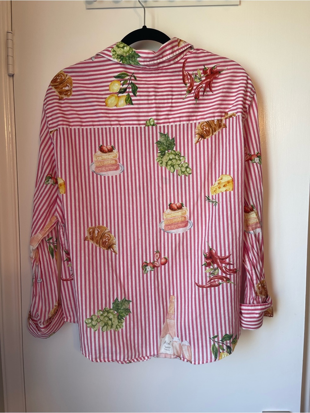 Elaine Rose Women's Pink Striped Button-Down Shirt with Playful Food Prints - Picture 8 of 12